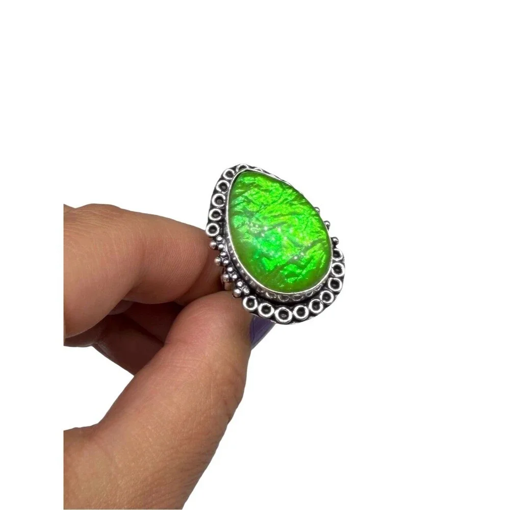 Green Triplet Opal Ring Size 7.5 925 Sterling Silver Overlay